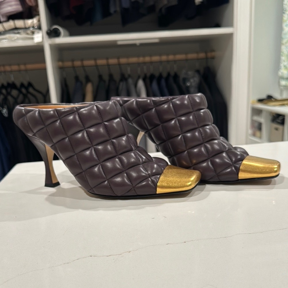 Bottega Veneta Quilted Mules in Brown and Gold